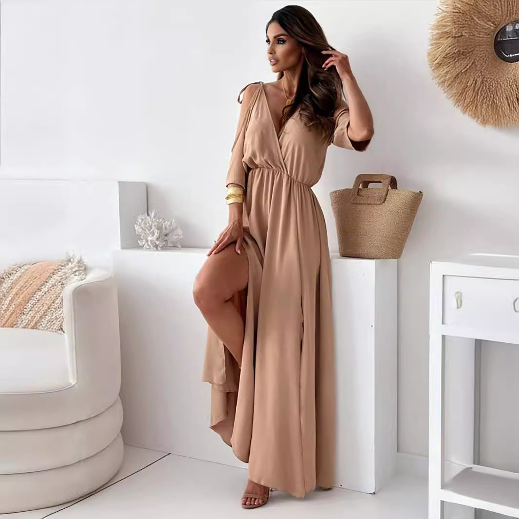 Solid color sexy suspender five quarter sleeve mid length dress