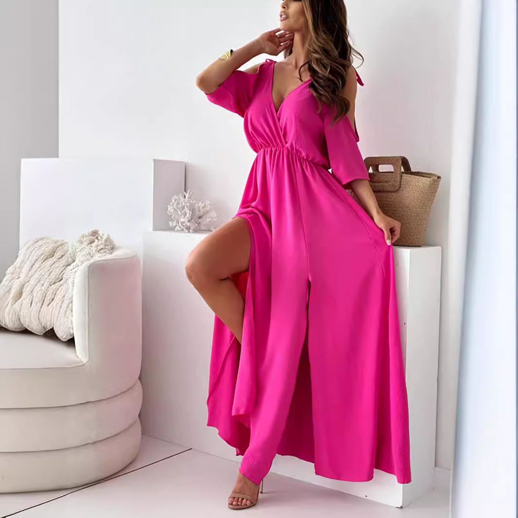 Solid color sexy suspender five quarter sleeve mid length dress