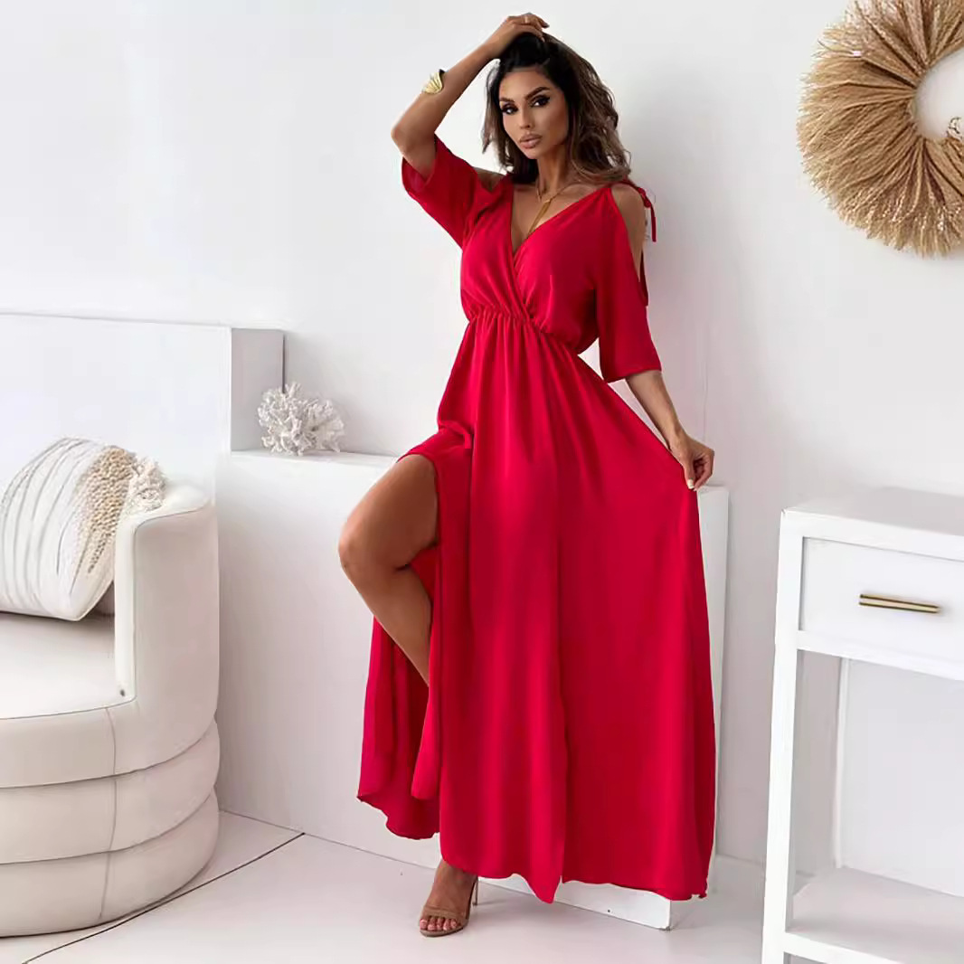 Solid color sexy suspender five quarter sleeve mid length dress