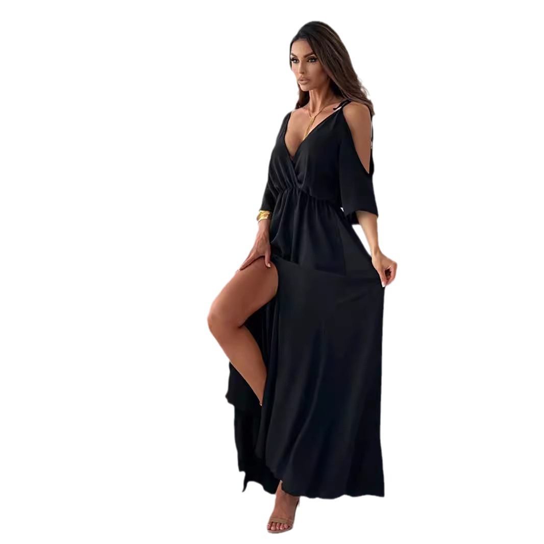 Solid color sexy suspender five quarter sleeve mid length dress