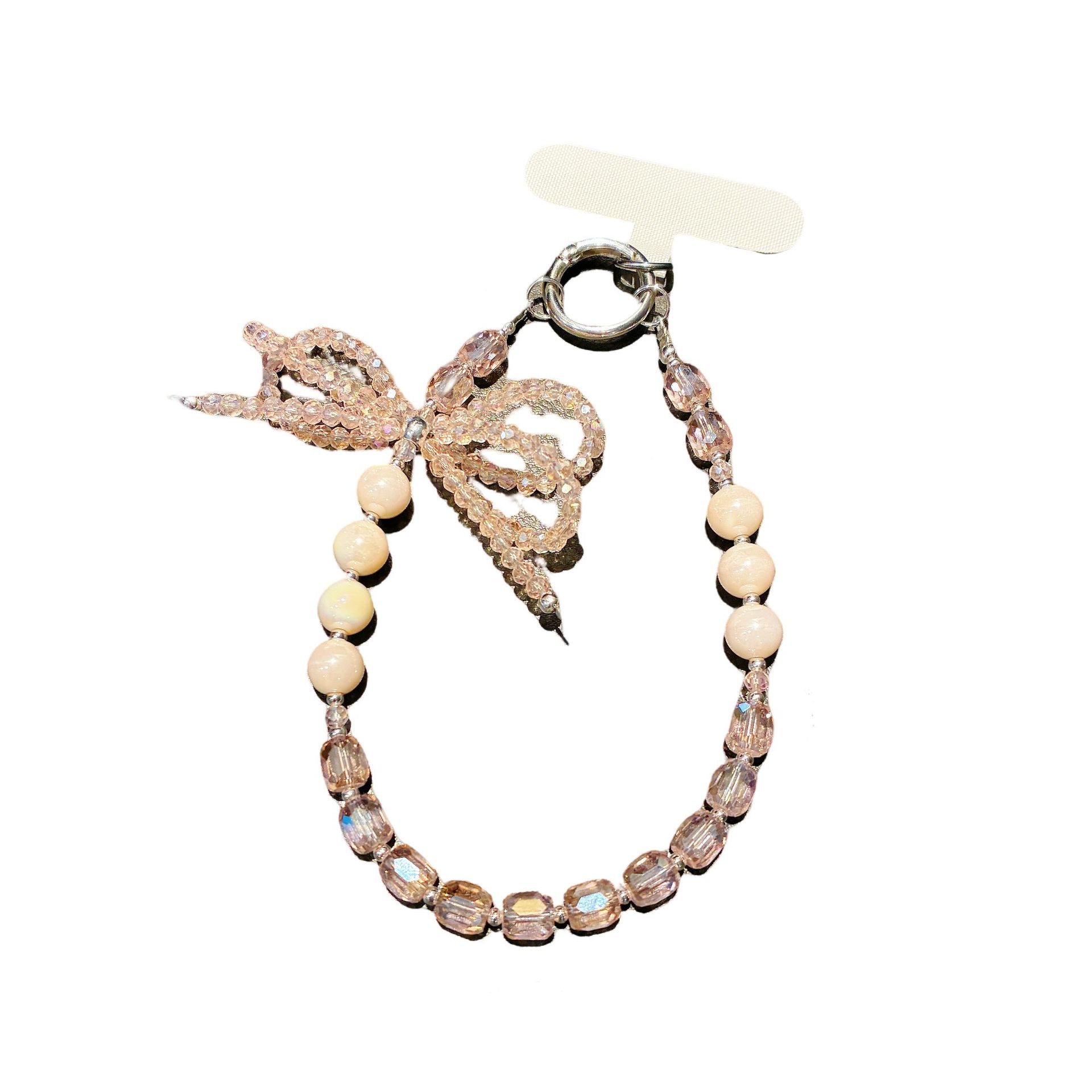 Elegant Pink & White Crystal Bow Phone Chain – INS-Inspired Anti-Slip Hanging Strap