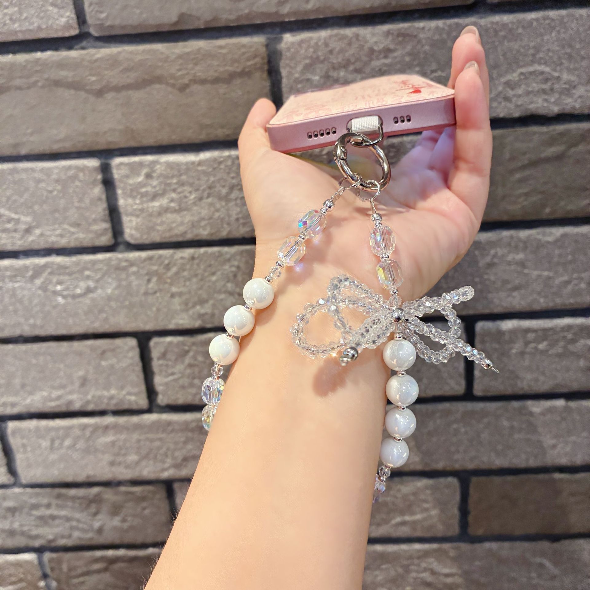 Elegant Pink & White Crystal Bow Phone Chain – INS-Inspired Anti-Slip Hanging Strap