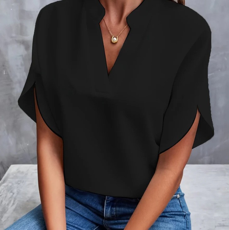 Women's Summer Casual Solid V-Neck Loose Shirt Top