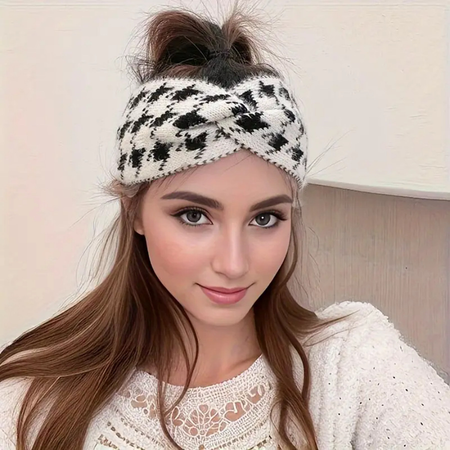 Thousand Bird Pattern Wide Retro Hairband – Textured Grid Knit + Soft Wool Sports Headscarf