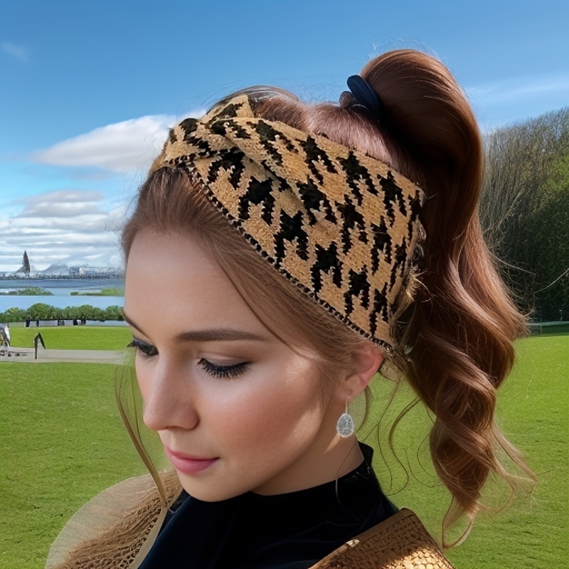 Thousand Bird Pattern Wide Retro Hairband – Textured Grid Knit + Soft Wool Sports Headscarf