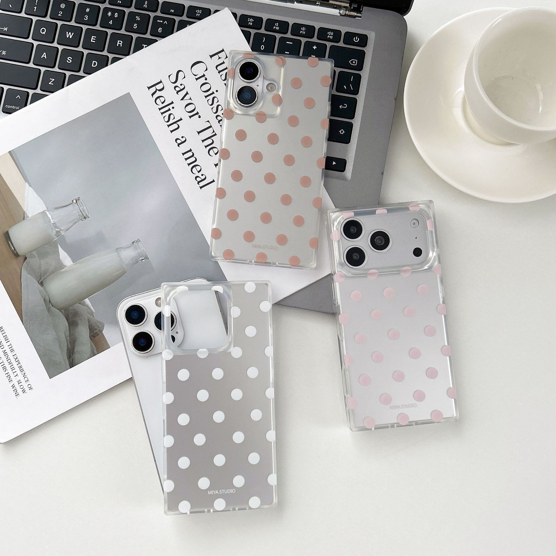 Silver Glitter Dot iPhone 17 16 15 Pro Max Phone Case, Korean Cute Square Bumper with Sparkle Powder Back & Shockproof Edge