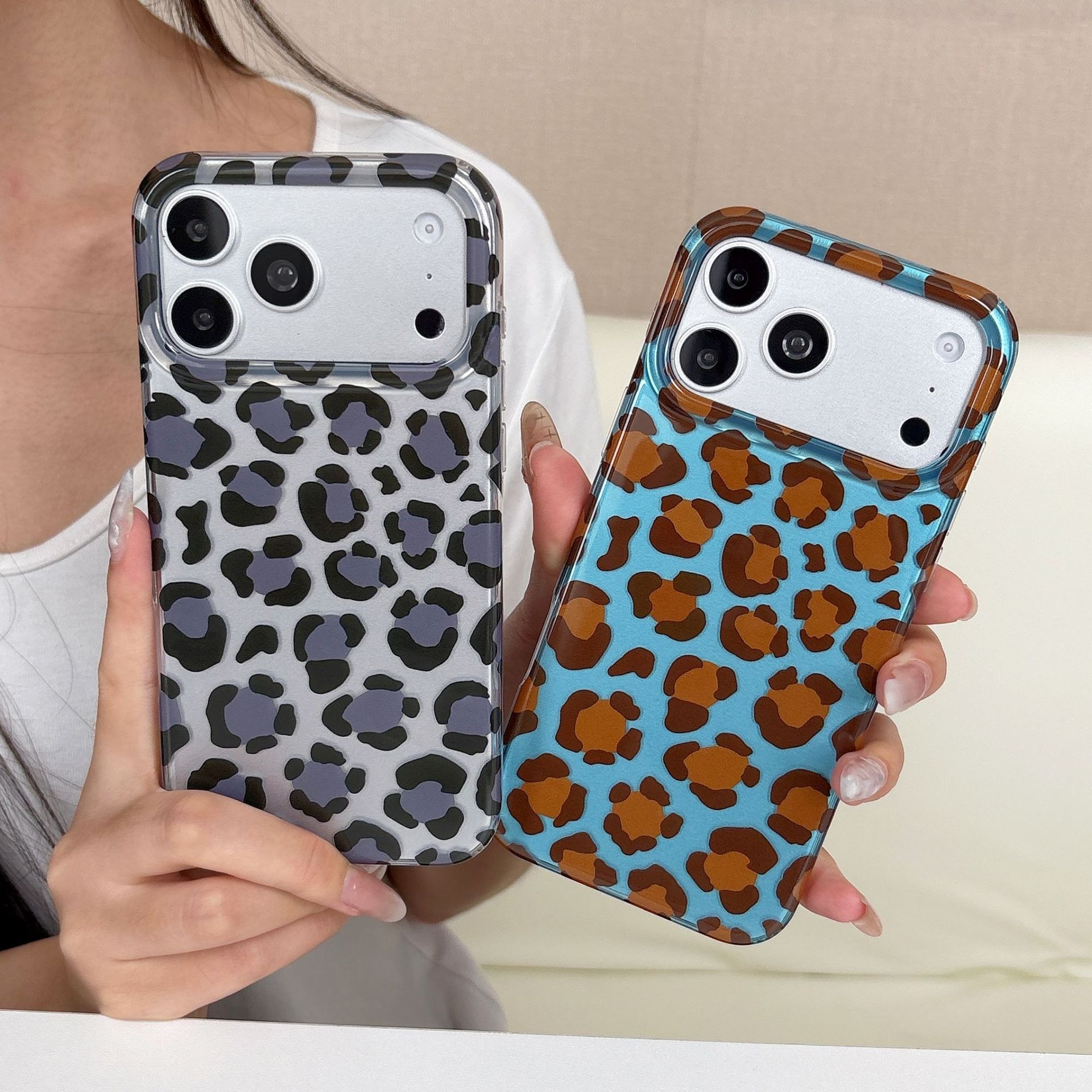 IMD Electroplated Leopard iPhone 17 16 15 14 Pro Max Phone Case, Korean Style Double Layer Glossy Hard Back Shockproof Bumper