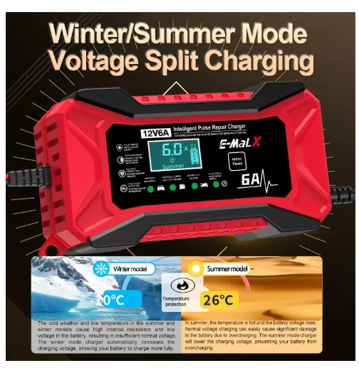 12V 6A Car Battery Charger Pulse Repair LiFePO4 14.6V Smart Fast Charge AGM Deep Cycle GEL Lead-Acid Charger For Auto Motorcycle