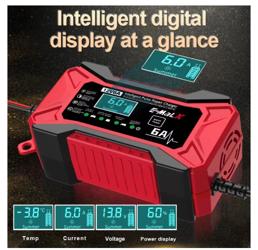 12V 6A Car Battery Charger Pulse Repair LiFePO4 14.6V Smart Fast Charge AGM Deep Cycle GEL Lead-Acid Charger For Auto Motorcycle