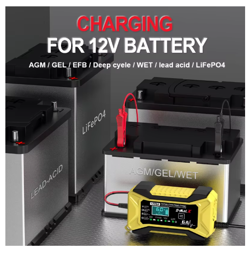 12V 6A Car Battery Charger Pulse Repair LiFePO4 14.6V Smart Fast Charge AGM Deep Cycle GEL Lead-Acid Charger For Auto Motorcycle