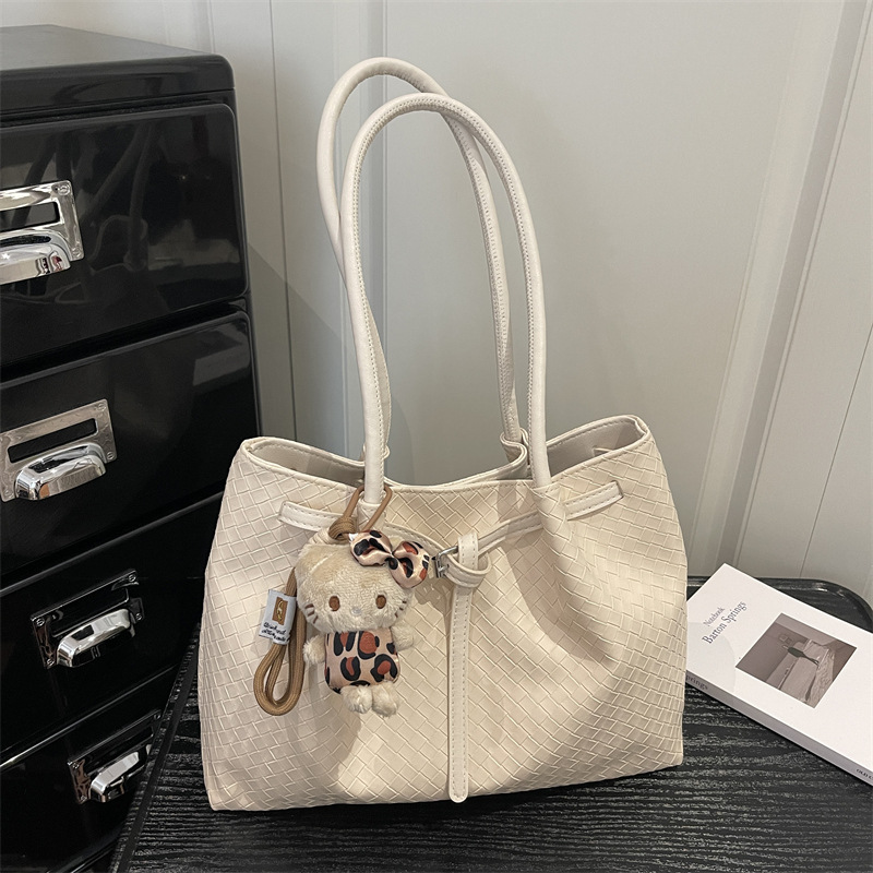 Summer Large Capacity Woven Handbag Women's Commuter Shoulder Bag Simple Tote Bag for Work Daily Match PU Material Crossbody