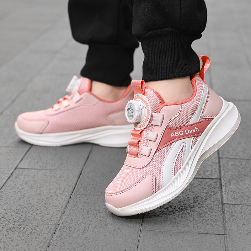 Kids Sports Running Sneakers Leather Mesh Upper Breathable Lightweight Non-slip Outdoor School & Casual Rotary Button Daily Wear