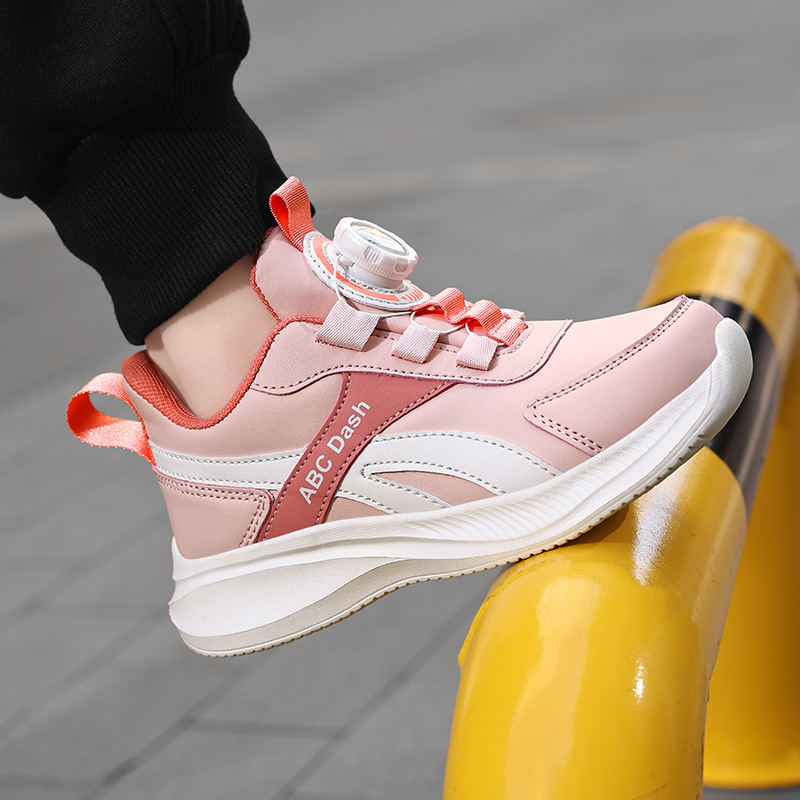 Kids Sports Running Sneakers Leather Mesh Upper Breathable Lightweight Non-slip Outdoor School & Casual Rotary Button Daily Wear