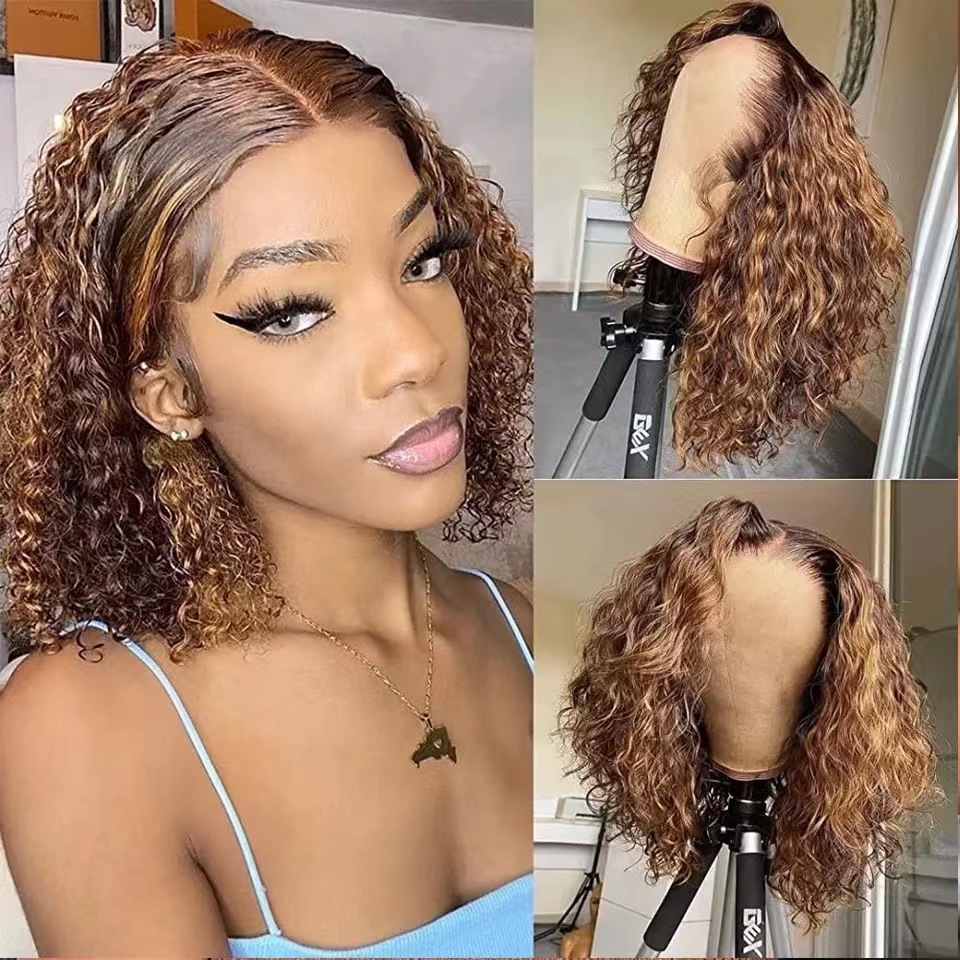 European and American Women's Front Lace Small Roll Gradient Wig Water Wave Lace Front Short Curly Hair Wig