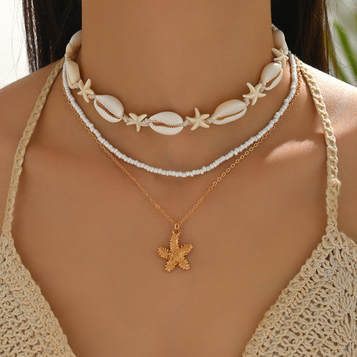 2/3Pcs Bohemian Pearl Starfish Pendant Necklace for Women Trendy Irregular Blue Stone Beads Link Chain Beach Party Jewelry