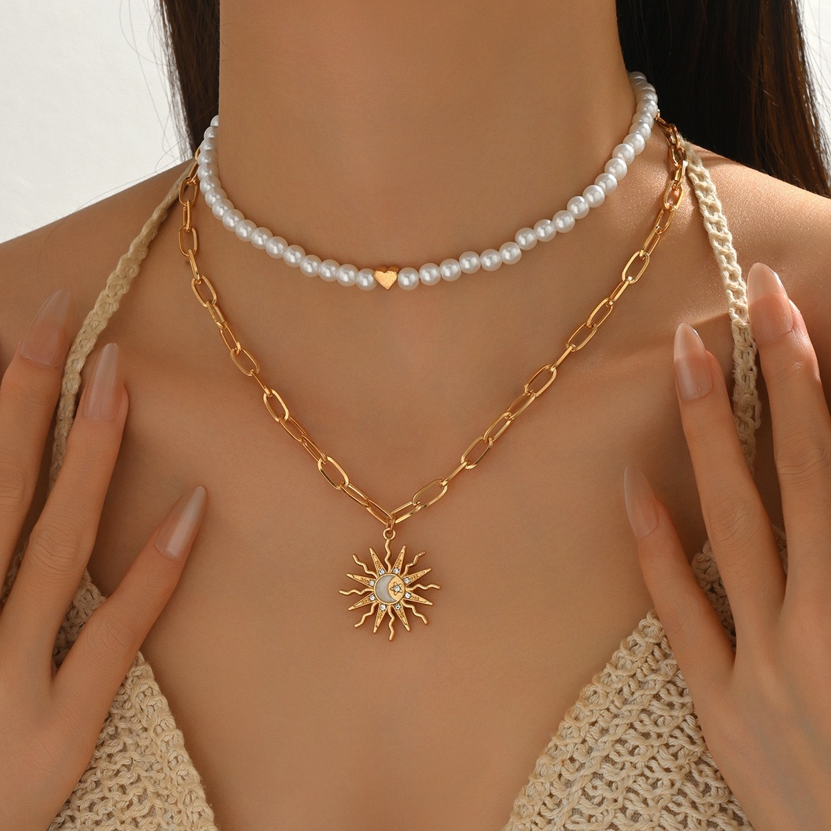 2/3Pcs Bohemian Pearl Starfish Pendant Necklace for Women Trendy Irregular Blue Stone Beads Link Chain Beach Party Jewelry