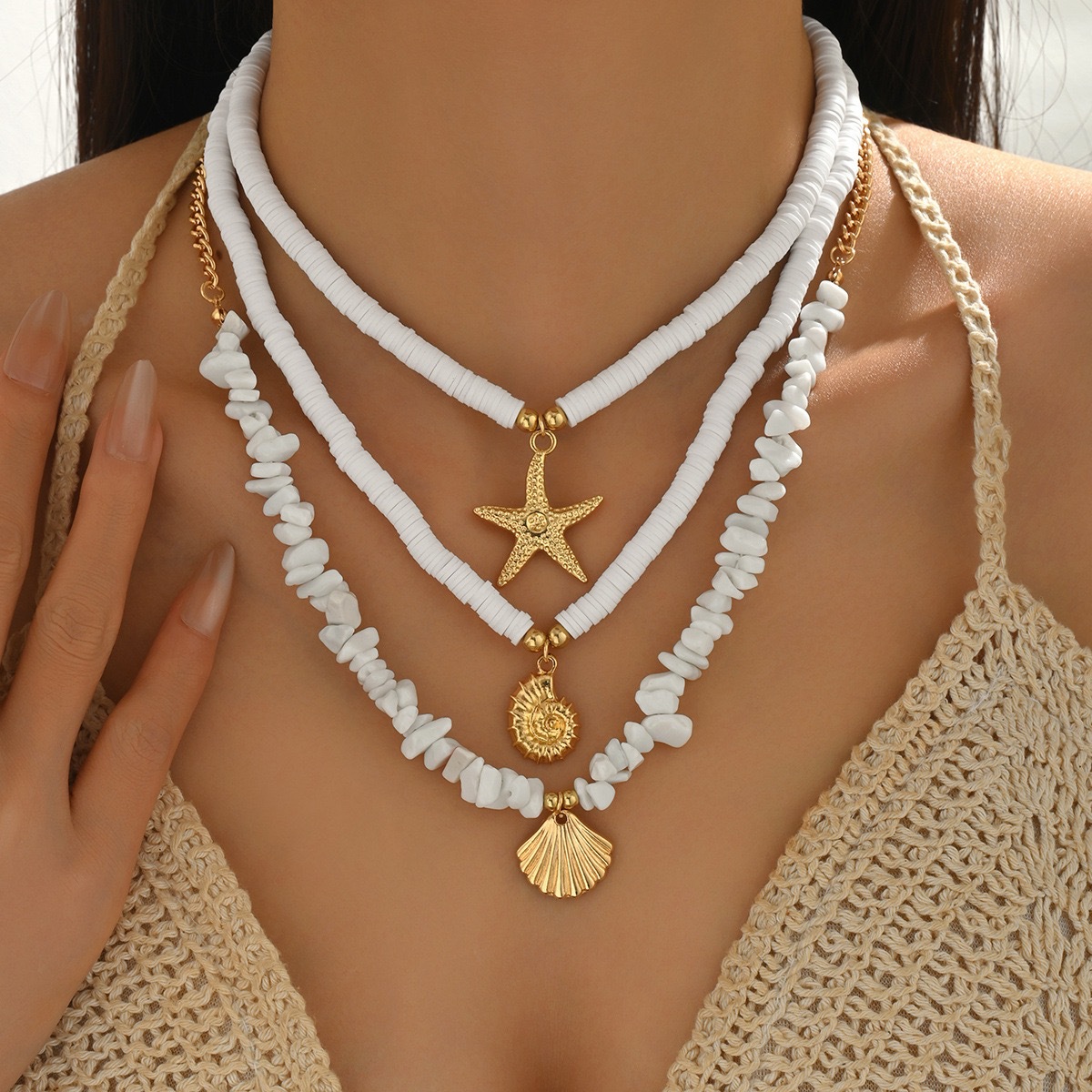 2/3Pcs Bohemian Pearl Starfish Pendant Necklace for Women Trendy Irregular Blue Stone Beads Link Chain Beach Party Jewelry