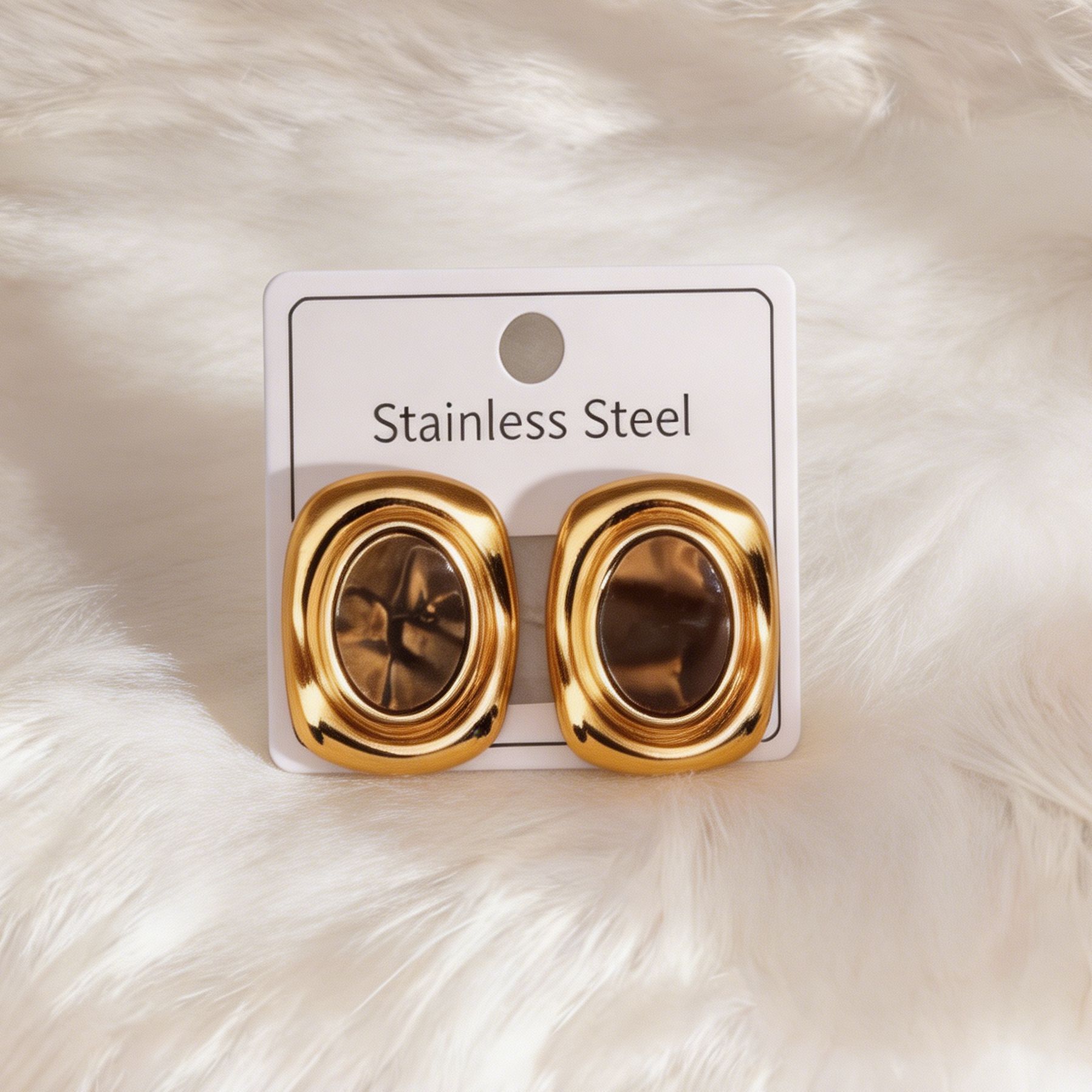 New cat eye gemstone earrings with high-end feel, stainless steel natural stone, sunflower vacuum plated fashionable earrings