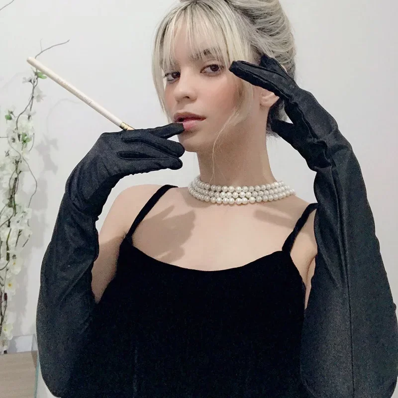 Women Long Elbow Satin Gloves Classic Adult Elegant Black White Gloves