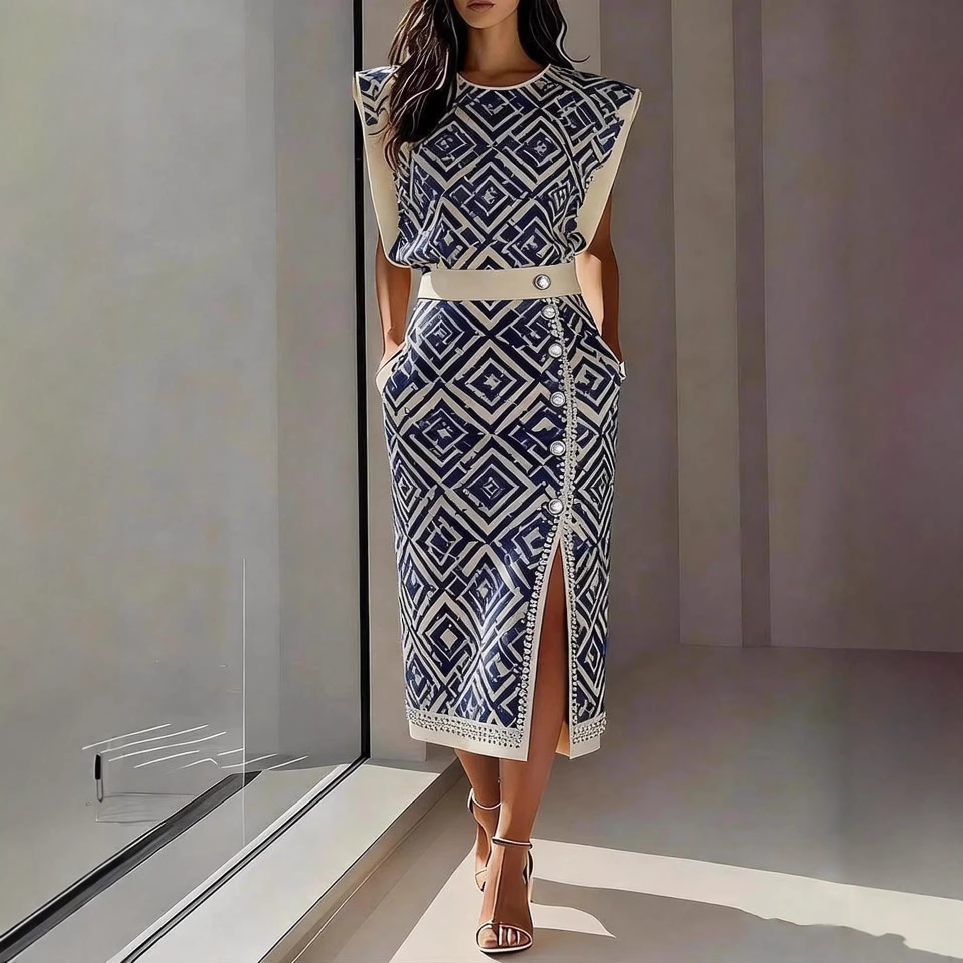 New European and American Fashion Trends Ladies' round Neck Printed Sleeveless Top Split Skirt Two-piece Set