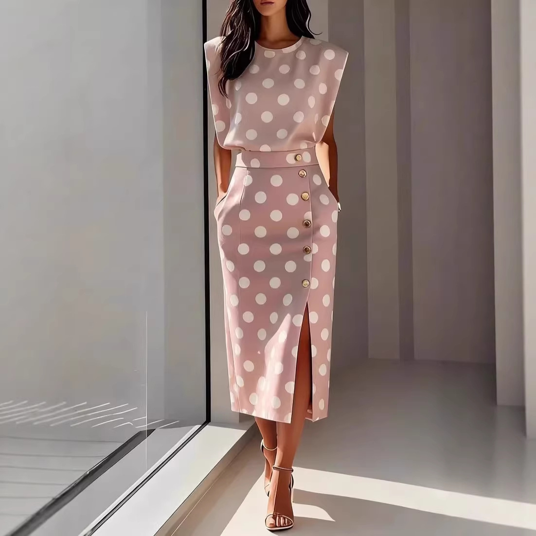 New European and American Fashion Trends Ladies' round Neck Printed Sleeveless Top Split Skirt Two-piece Set