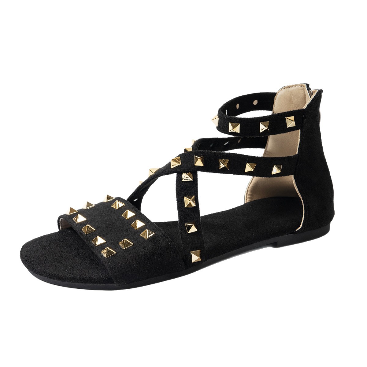 Free delivery of high-quality 2026 new summer women's shoes hot selling flat bottomed rivet crossed with round toe sandals