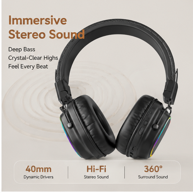New wireless Bluetooth earphones with head mounted luminous subwoofer and noise cancelling features