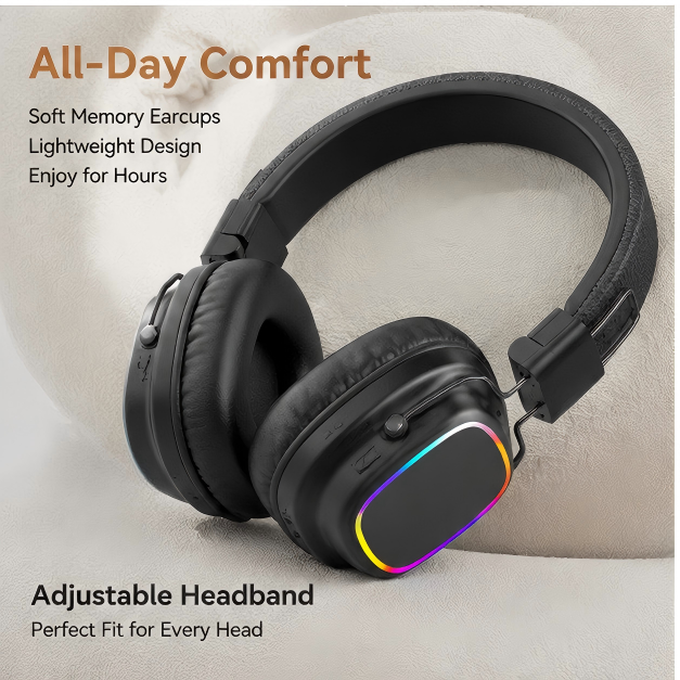 New wireless Bluetooth earphones with head mounted luminous subwoofer and noise cancelling features