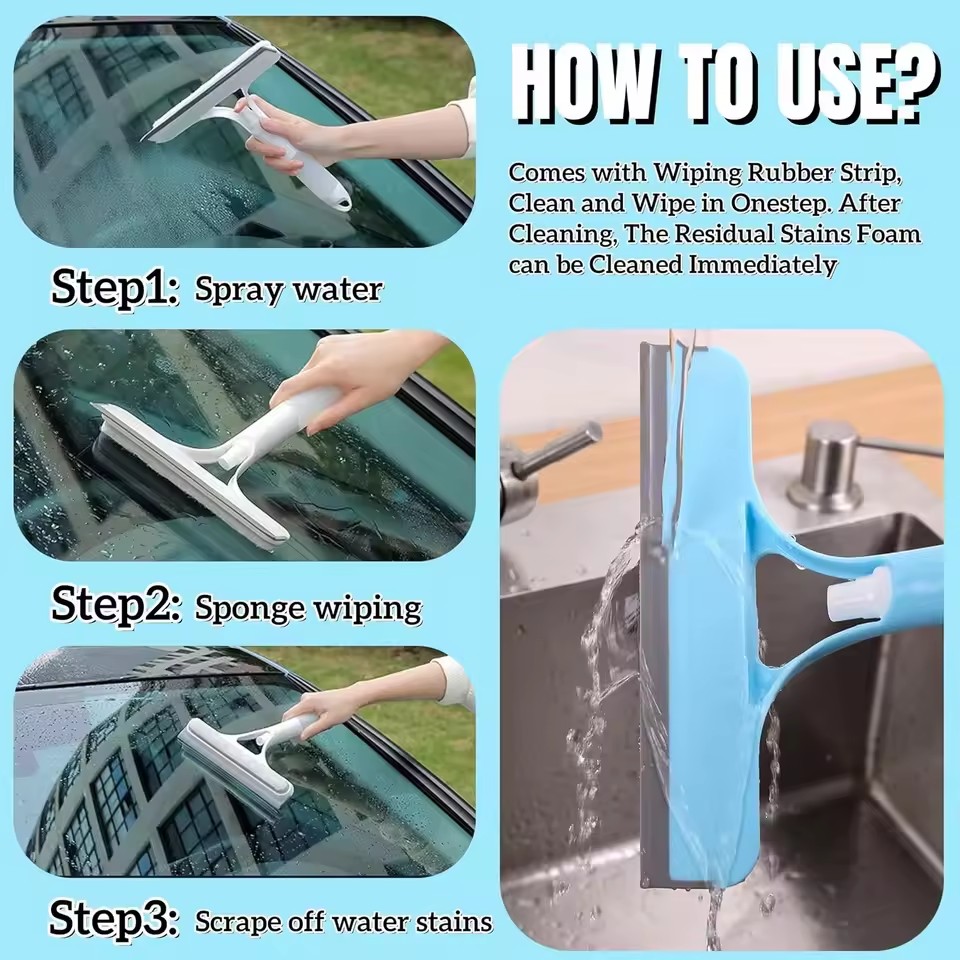 3 in 1 Window Cleaning Squeegee Multi Function Glass Mirror Wiper with Spray Bottle Microfiber Scrub Household Car Cleaner Tools