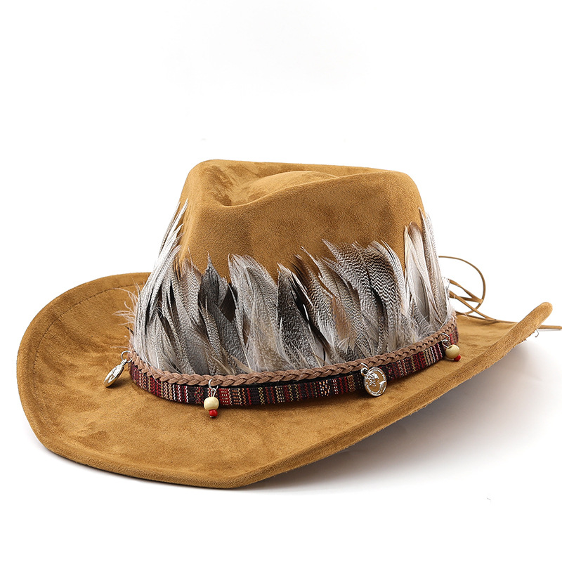 European and American Fashion Men's Suede Feather Western Large Eave Cowboy Hat Top Hat Ladies' Top Hat