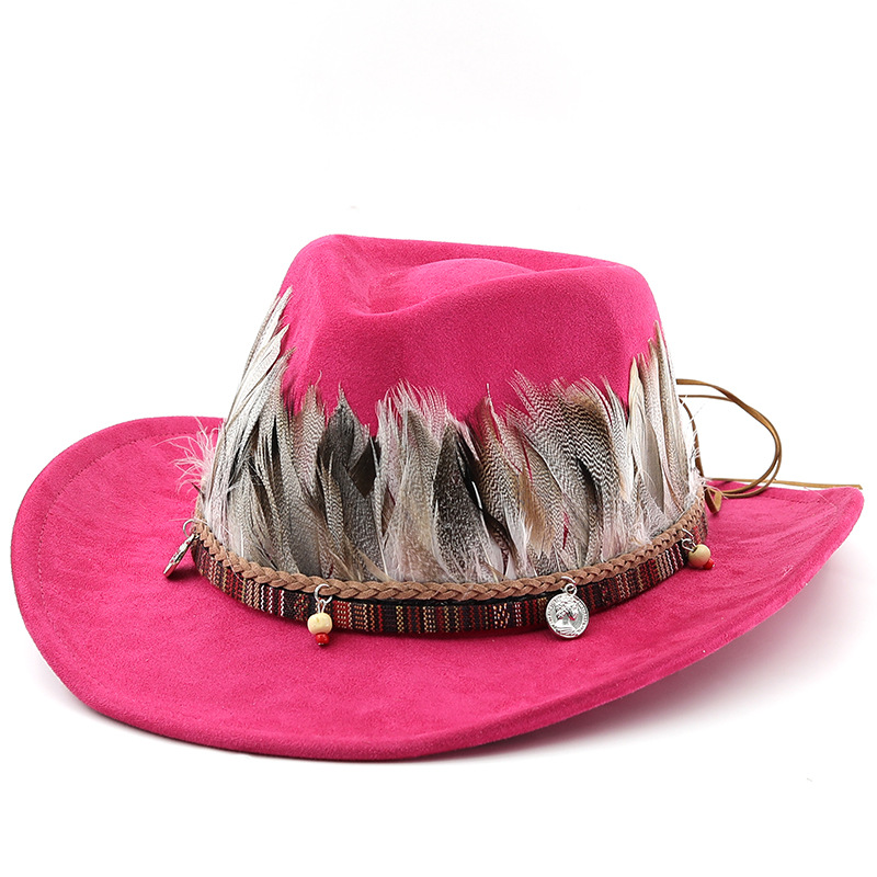 European and American Fashion Men's Suede Feather Western Large Eave Cowboy Hat Top Hat Ladies' Top Hat