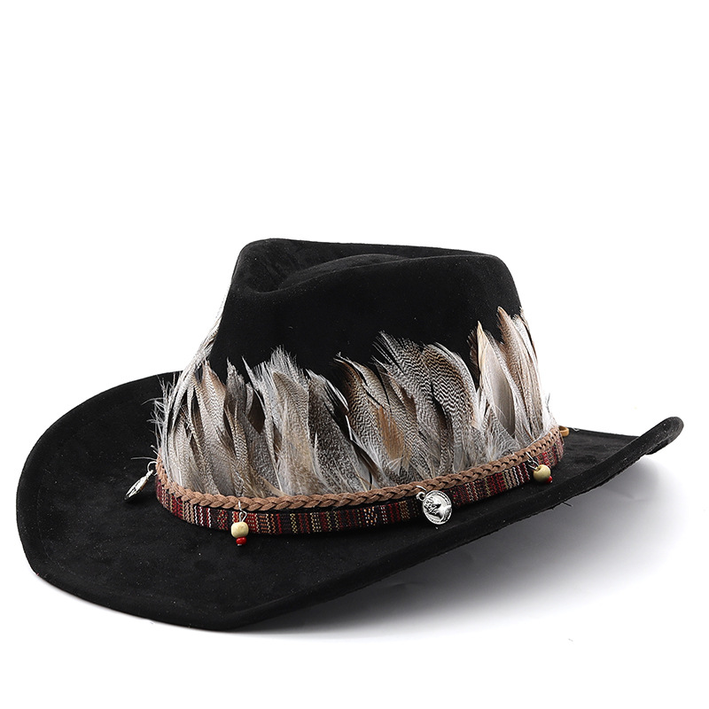 European and American Fashion Men's Suede Feather Western Large Eave Cowboy Hat Top Hat Ladies' Top Hat