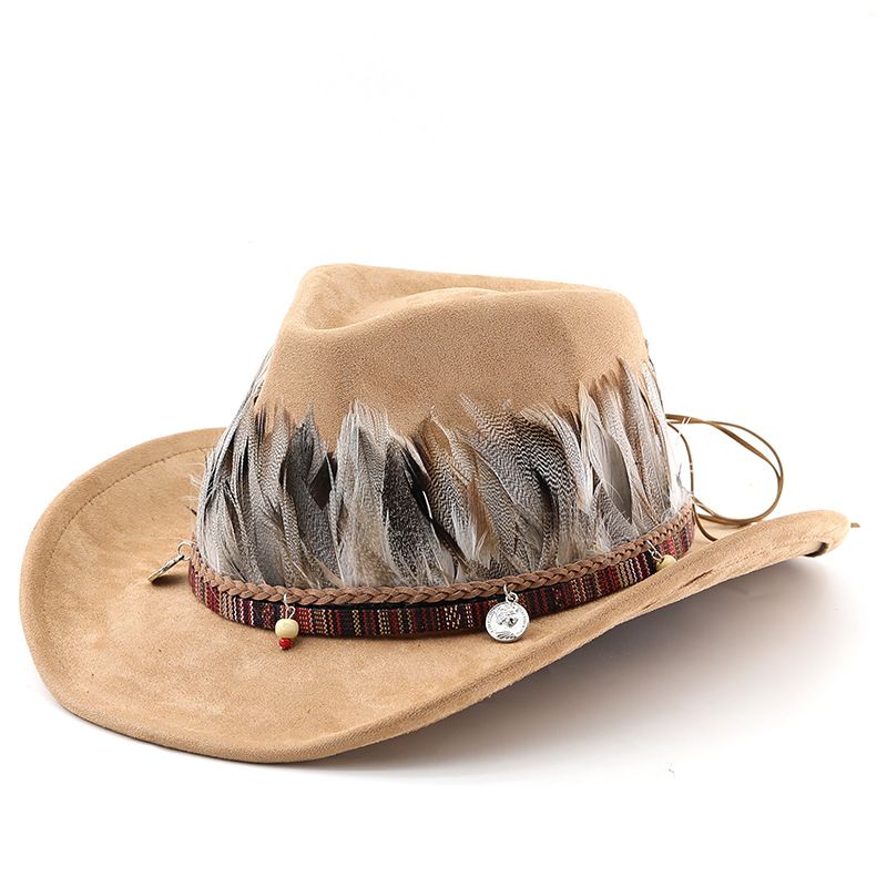 European and American Fashion Men's Suede Feather Western Large Eave Cowboy Hat Top Hat Ladies' Top Hat