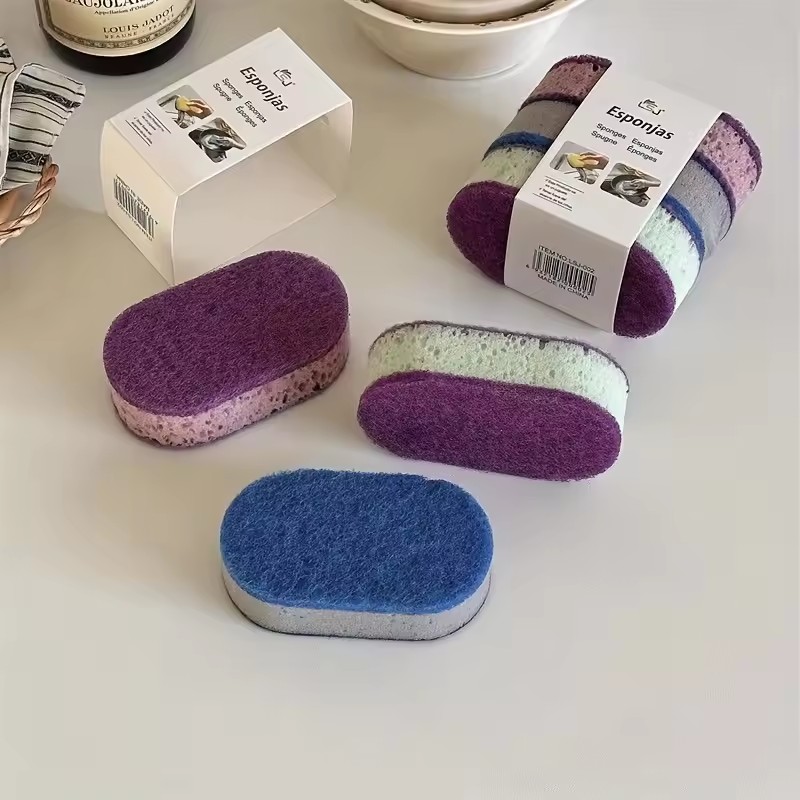 3Pcs Thickened High-Density Colorful Sponge Scrubber - Double-Sided Oil-Proof Dishwashing Brush, Durable Kitchen Cleaning Pad