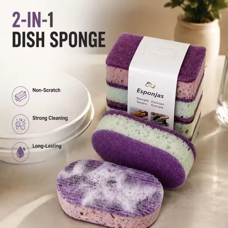 3Pcs Thickened High-Density Colorful Sponge Scrubber - Double-Sided Oil-Proof Dishwashing Brush, Durable Kitchen Cleaning Pad