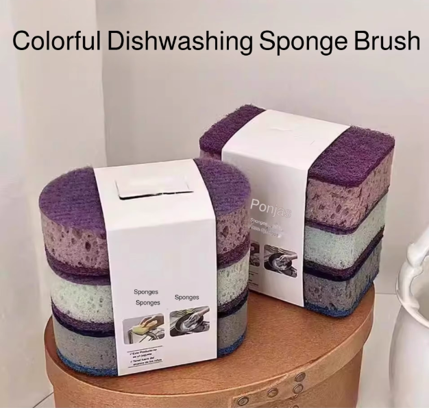 3Pcs Thickened High-Density Colorful Sponge Scrubber - Double-Sided Oil-Proof Dishwashing Brush, Durable Kitchen Cleaning Pad