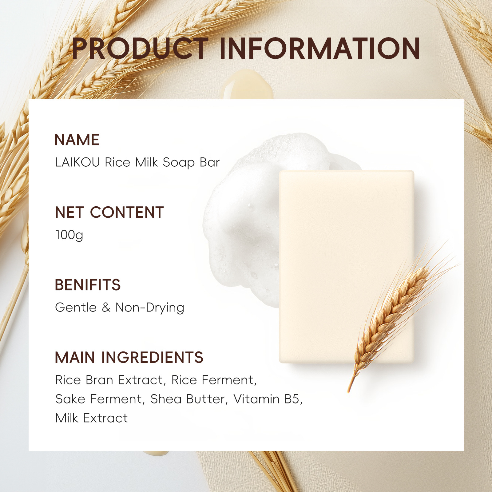 New LAIKOU Rice Milk Soap 100g Cleaning and Moisturizing Oat Soap Cleansing Soap