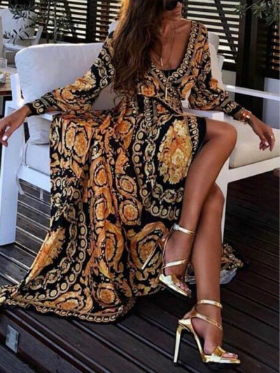 Women's European And American Bohemian New V-neck Digital Retro Printing New Dress