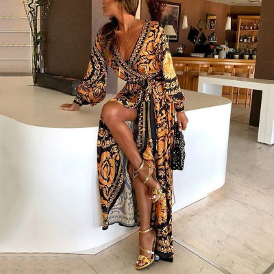 Women's European And American Bohemian New V-neck Digital Retro Printing New Dress