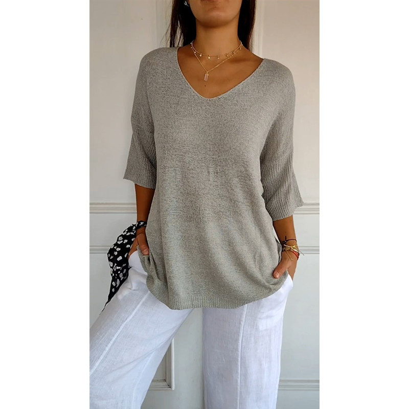 Women's Spring Autumn Thin Knit Top Casual Slim Fit V Neck 3/4 Sleeve Solid Color Pullover Base Layer T Shirt