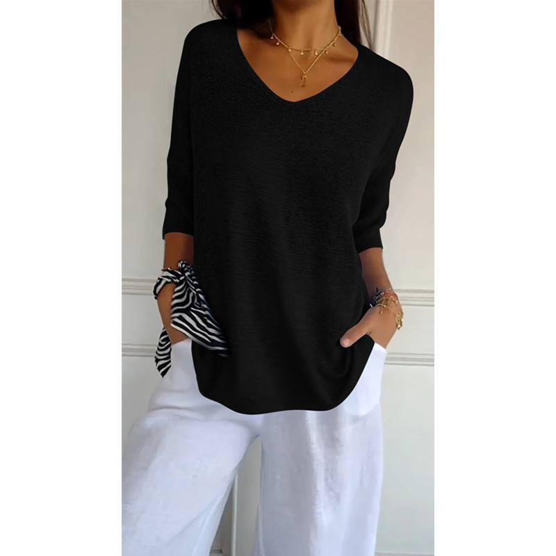 Women's Spring Autumn Thin Knit Top Casual Slim Fit V Neck 3/4 Sleeve Solid Color Pullover Base Layer T Shirt