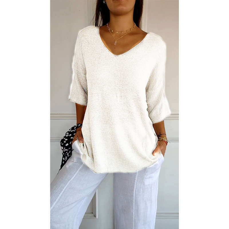 Women's Spring Autumn Thin Knit Top Casual Slim Fit V Neck 3/4 Sleeve Solid Color Pullover Base Layer T Shirt