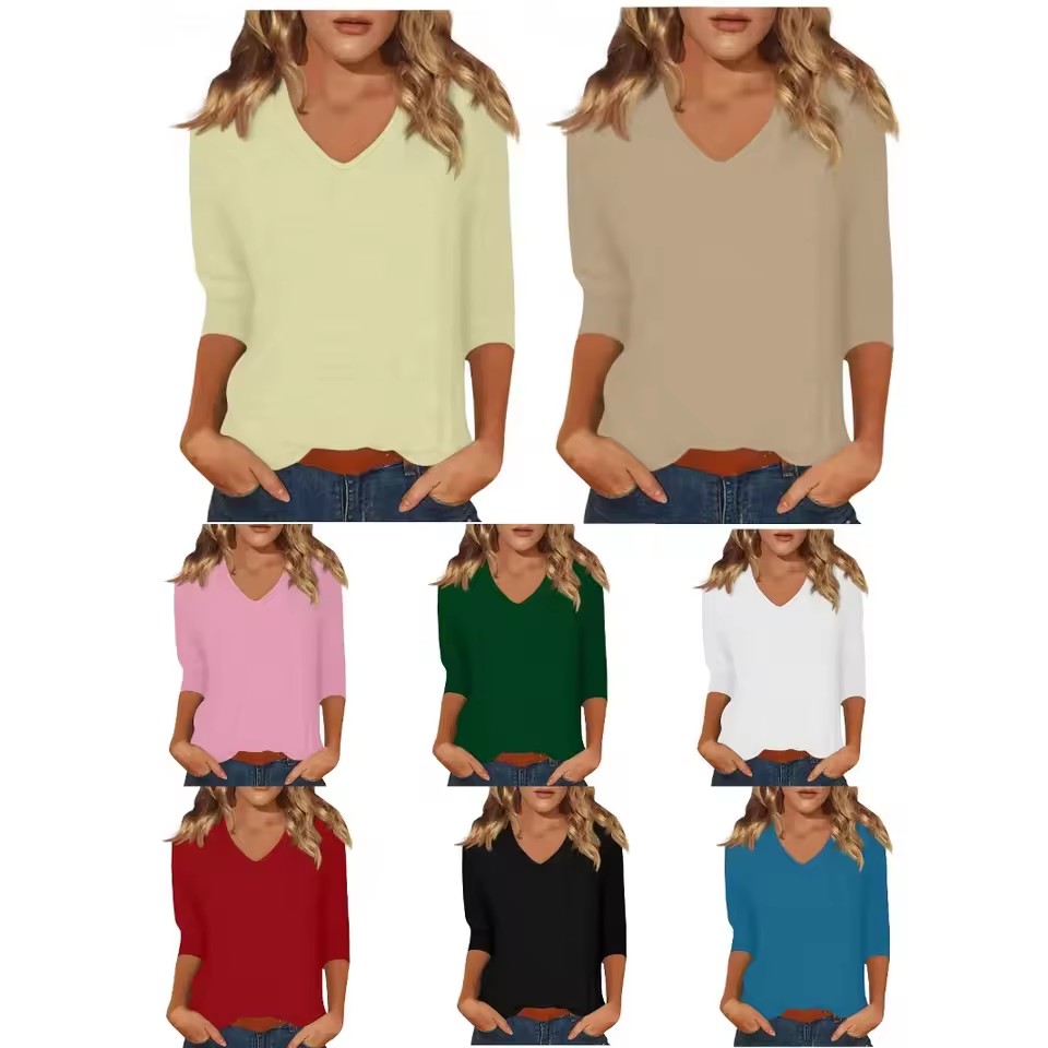 Women's Spring Autumn Thin Knit Top Casual Slim Fit V Neck 3/4 Sleeve Solid Color Pullover Base Layer T Shirt