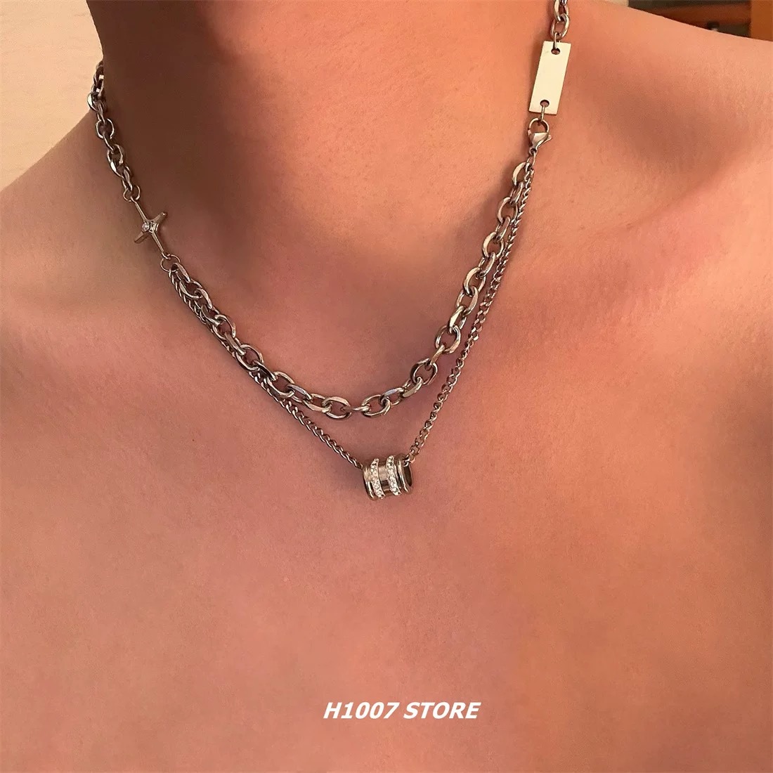 New Fashionable Double layered Stacked Transport Bead Necklace forMen's Hip Hop Trendy Cool Collarbone Chain Versatile Accessory