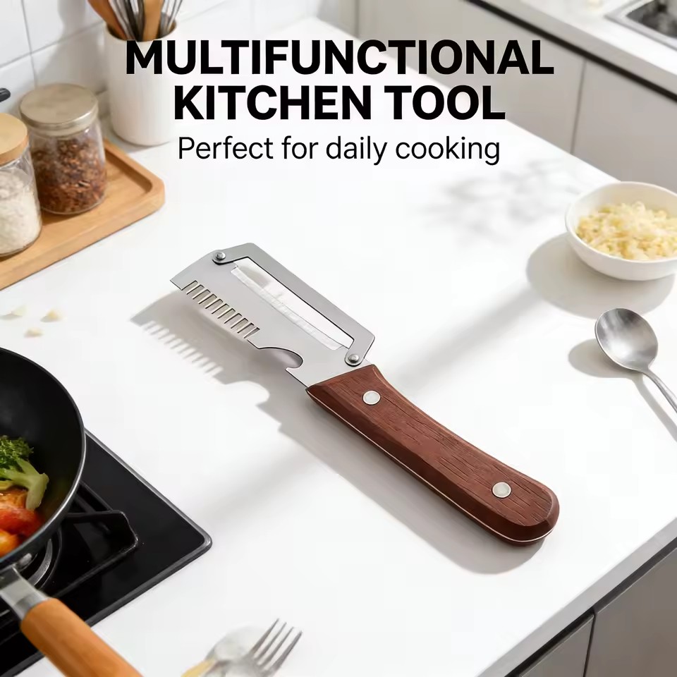 New Three in One Multifunctional Peeler, Scallion Slicer, Wooden Handle, Suitable for Sugarcane, Fruits, and Vegetables
