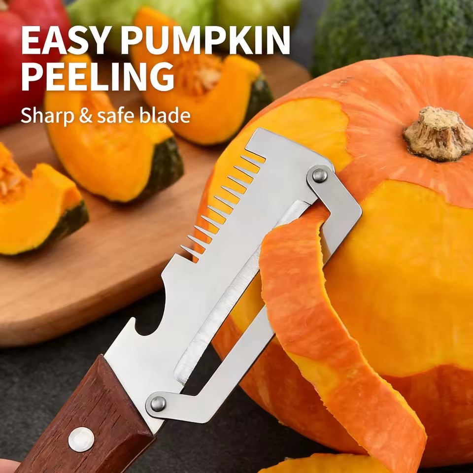 New Three in One Multifunctional Peeler, Scallion Slicer, Wooden Handle, Suitable for Sugarcane, Fruits, and Vegetables