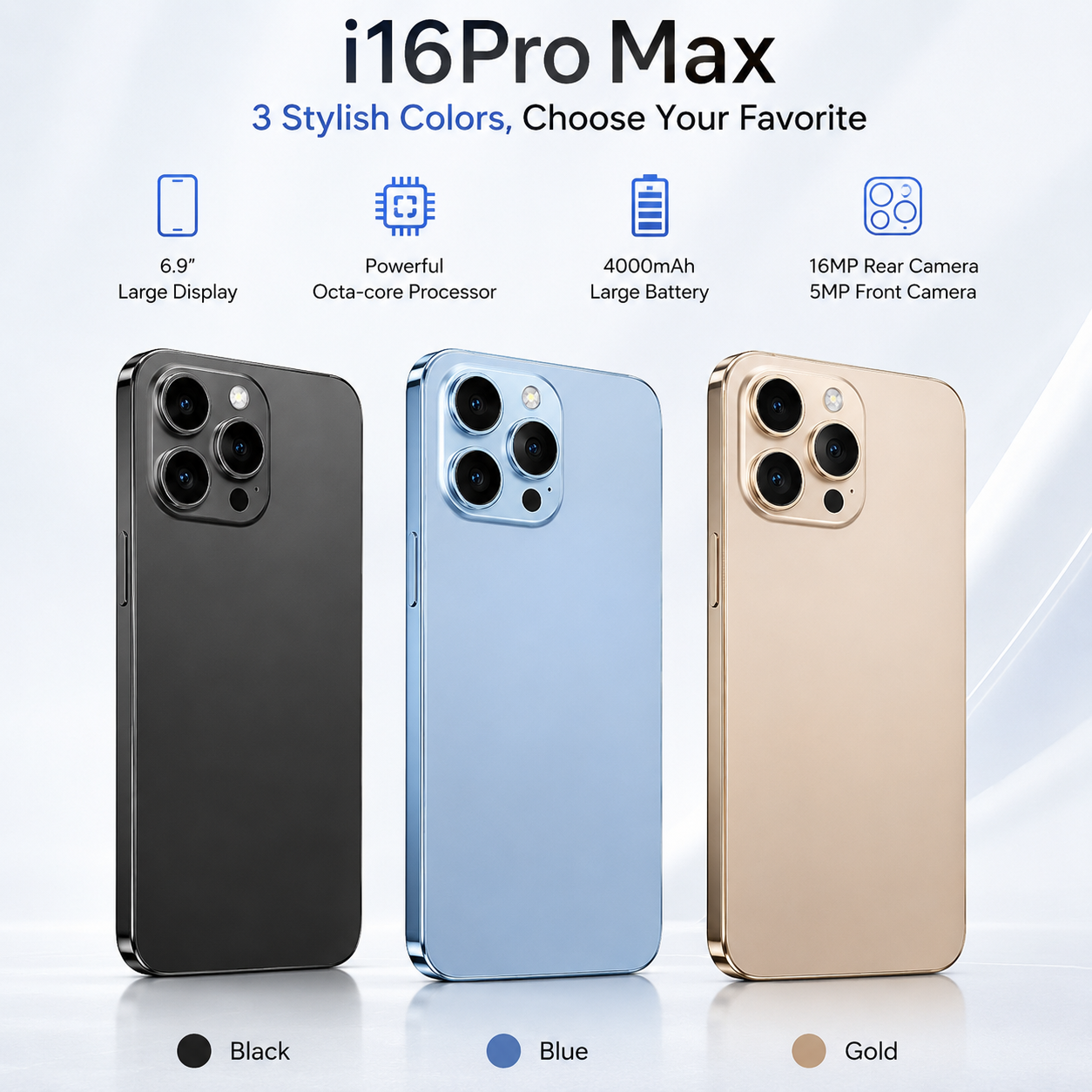 i16Pro Max – 6.9" HD+ 4G Smartphone, 4000mAh Battery, 16MP Camera, Dual SIM, Made for Africa