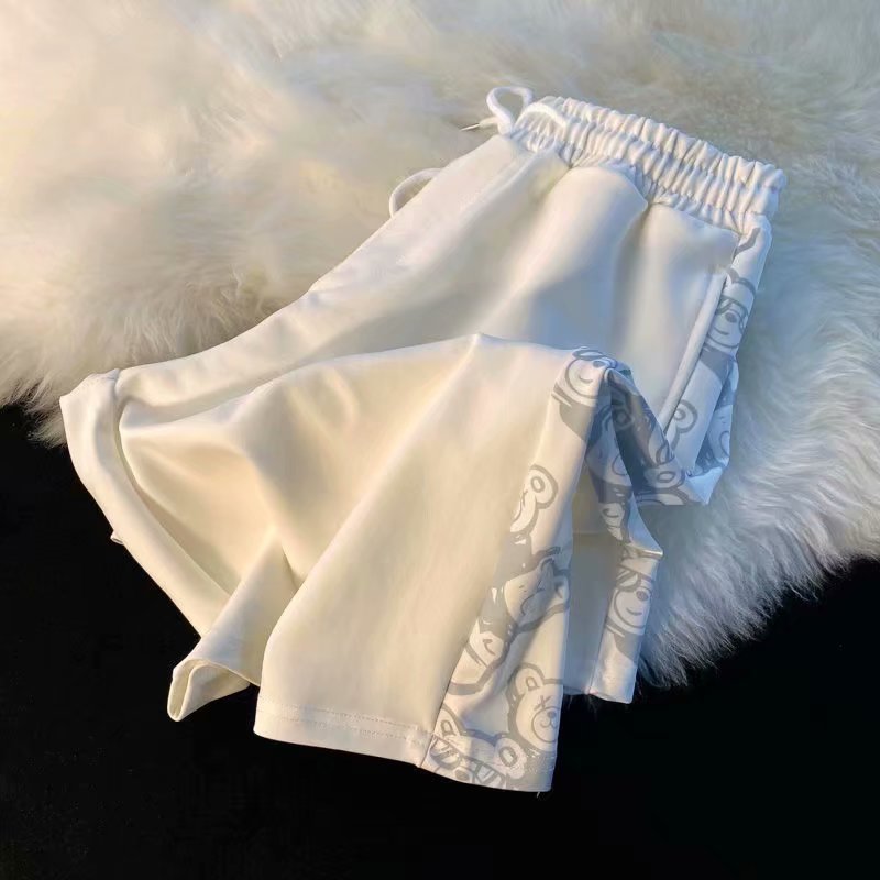 Summer Sporty Bear Print Shorts For Boys Loose Fit Drawstring Thin Leggings Straight Cut Five-Quarter Length Wide Leg Thin Model