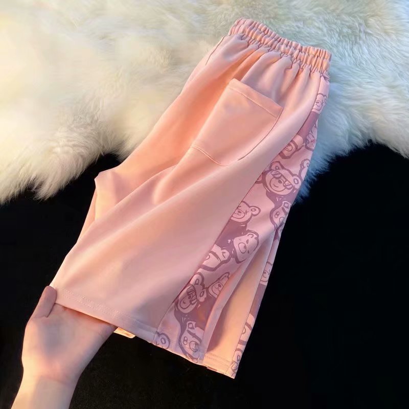 Summer Sporty Bear Print Shorts For Boys Loose Fit Drawstring Thin Leggings Straight Cut Five-Quarter Length Wide Leg Thin Model