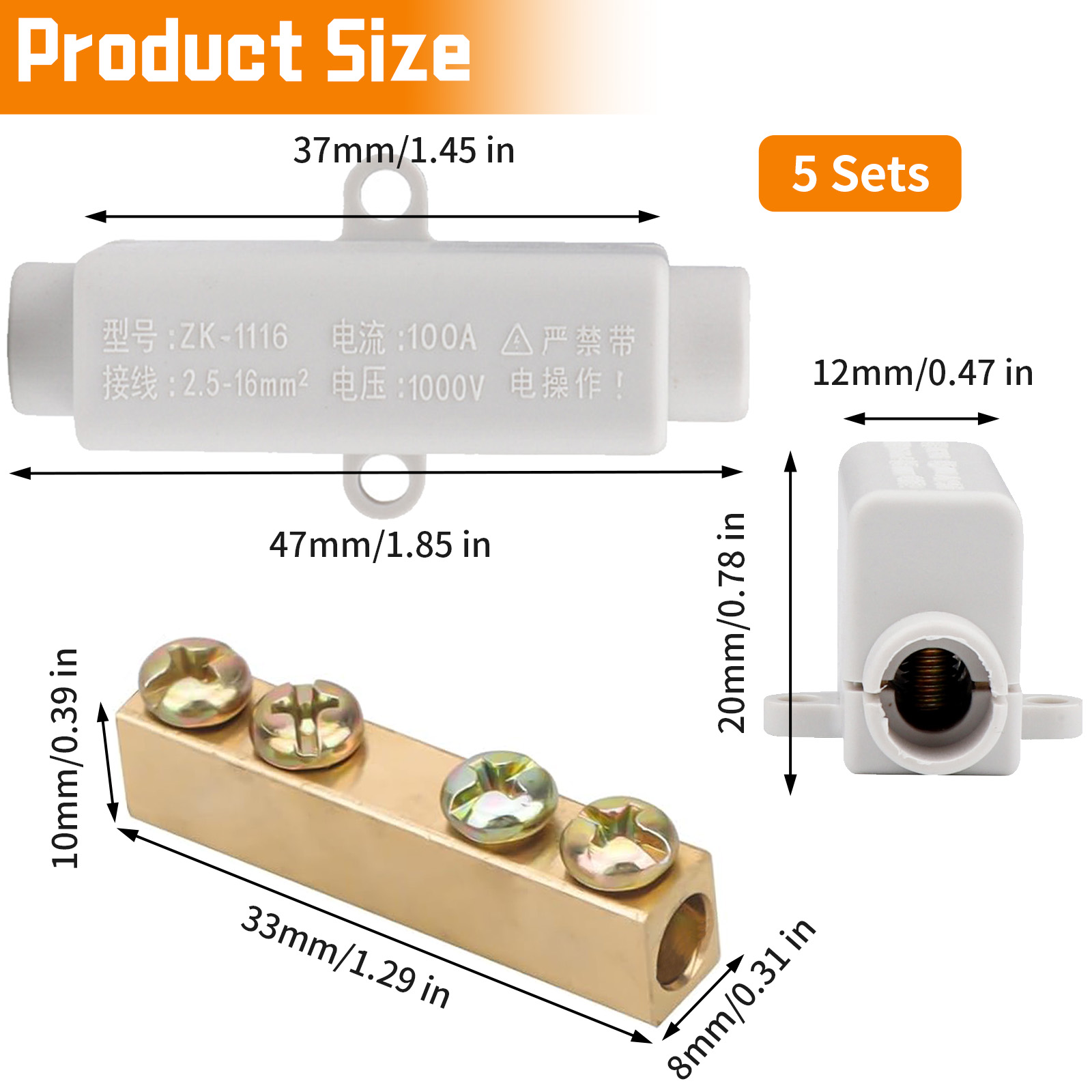 5Pcs Splice Quick Connector, 1000V 100A Inline Wire Terminal Block with Flame Retardant Shell, ZK-1116 Brass Conductor Cable Kit